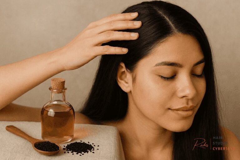 A woman applies black seed oil to her hair for growth