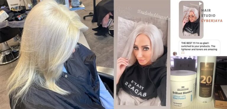 A hair stylist applies bleach bath solution to a client's hair.