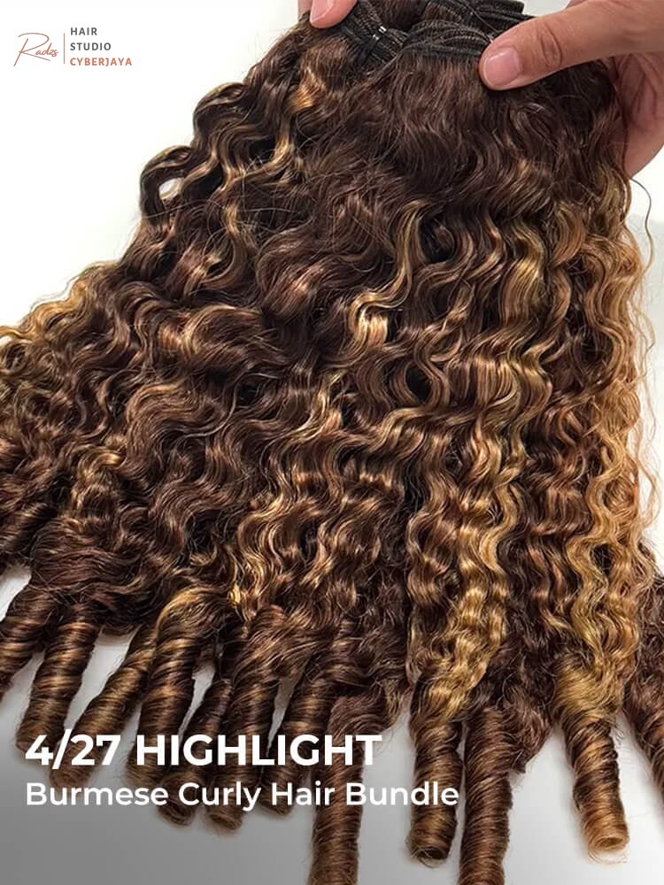 Burmese Curly Highlight Extensions Another view of 4/27 highlight Burmese curly hair bundles, emphasizing their rich color and defined curls.