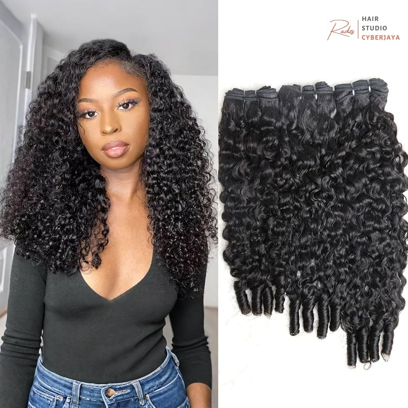 Sinuowei Curly Human Hair Bundles Three Burmese curly human hair bundles in 16, 18, and 20 inches, offering a spiral end for 3C4A quick weave styles in natural black.