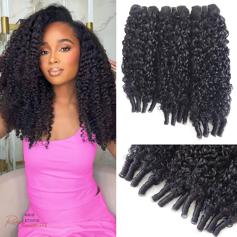 Burmese Curly Bundles Set Three Burmese curly human hair bundles in 18, 20, and 22 inches, ideal for a quick weave with spiral curly ends and natural black color.