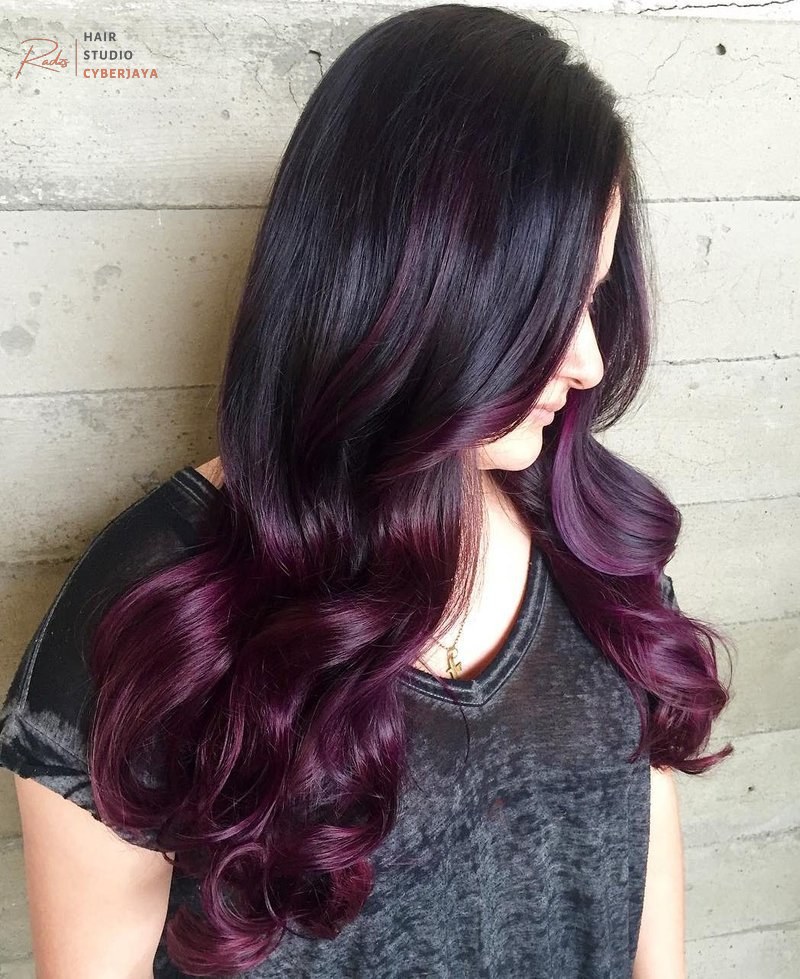 Black to burgundy ombre Striking black to burgundy ombre hair color