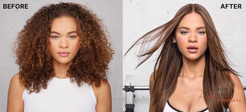 How to Straighten Curly Hair Minimize Damage A woman with straightened curly hair, highlighting frizz-fighting products