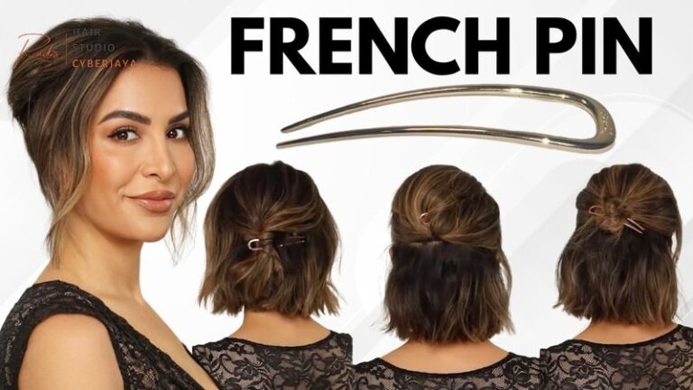 A close-up view demonstrates how to use a French pin to secure a bun.