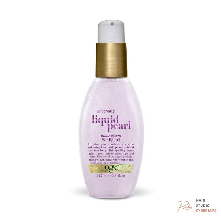 OGX Smoothing + Liquid Pearl Luminescent Serum for radiant pearl hair shimmer