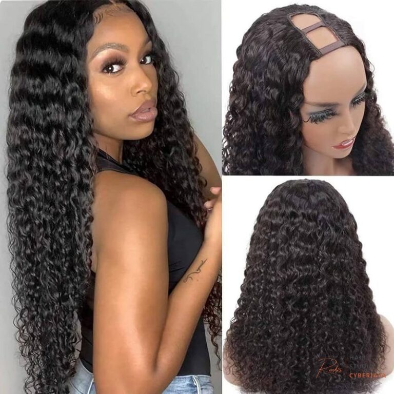 A beautiful deep wave u part human hair wig offers natural fullness.
