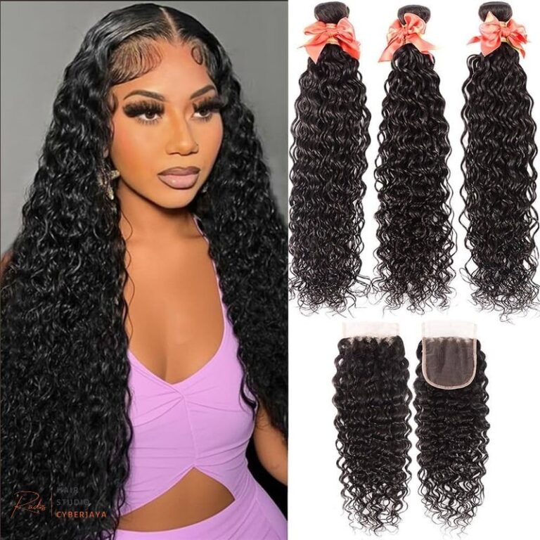 Water Wave Bundles with Closure 12A Wet and Wavy Bundles Human Hair With 4x4 Lace Closure Deep Curly Wave Human Hair Natural Color (16 18 20 +14)