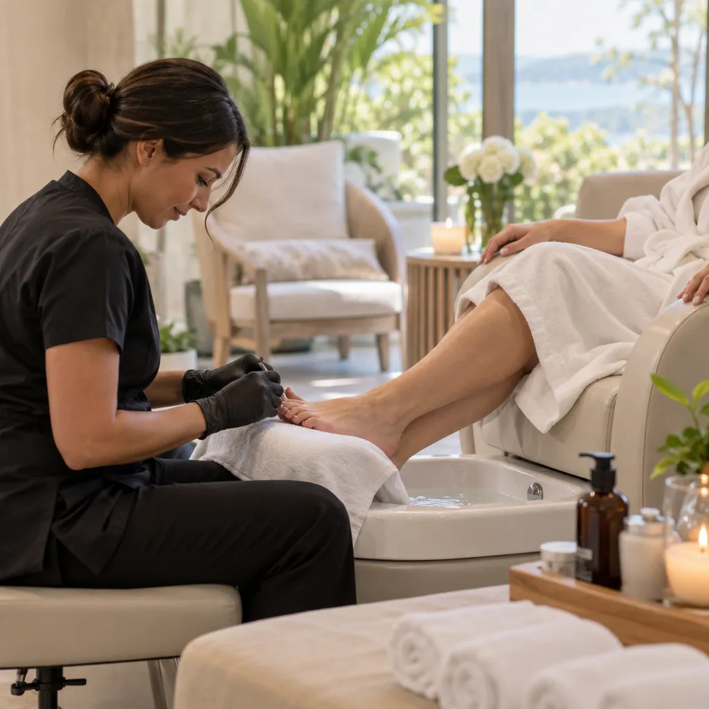 Nail technician performing a pedicure service in a tranquil salon setting