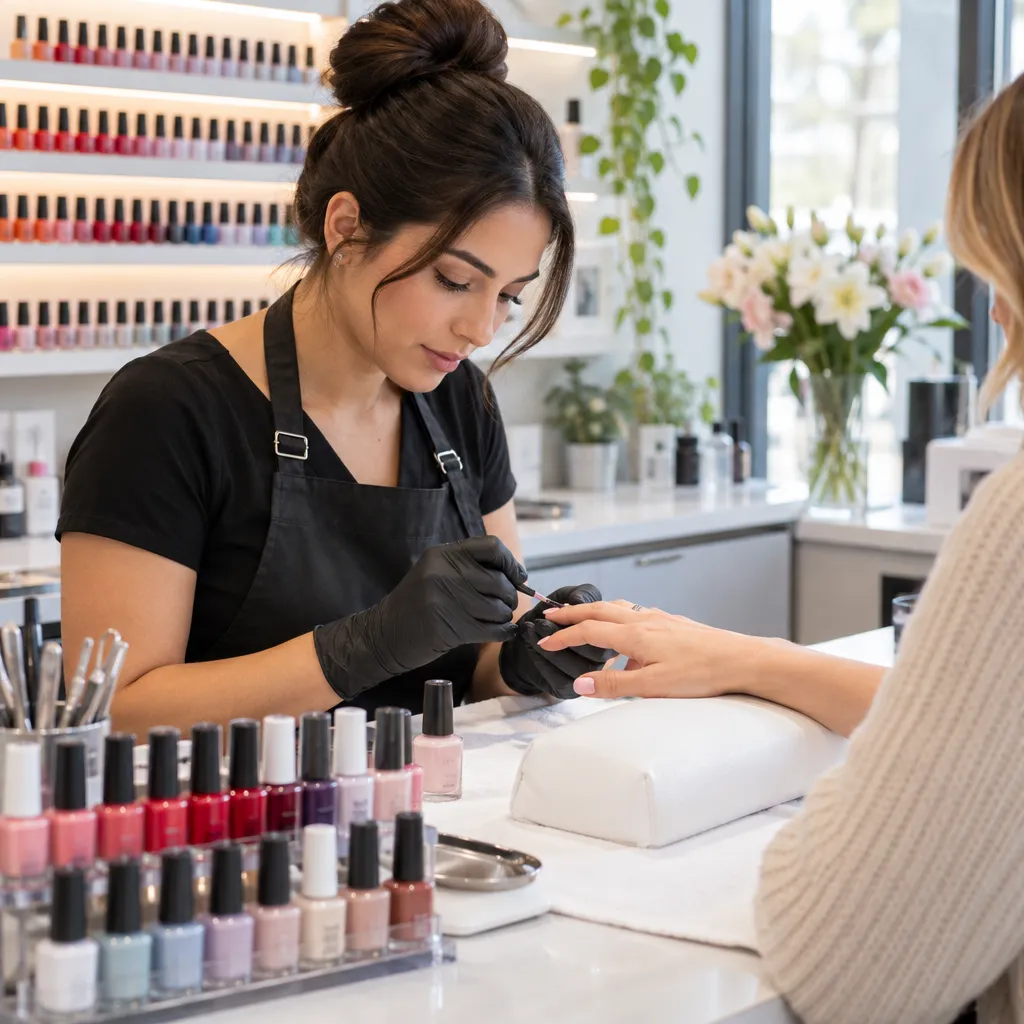 Nail technician providing a manicure service with a variety of nail polish colors visible.