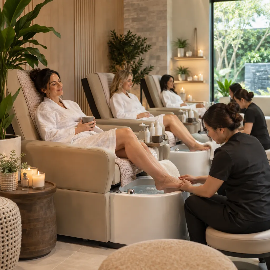 Relaxing pedicure station in a nail salon with clients receiving treatments.