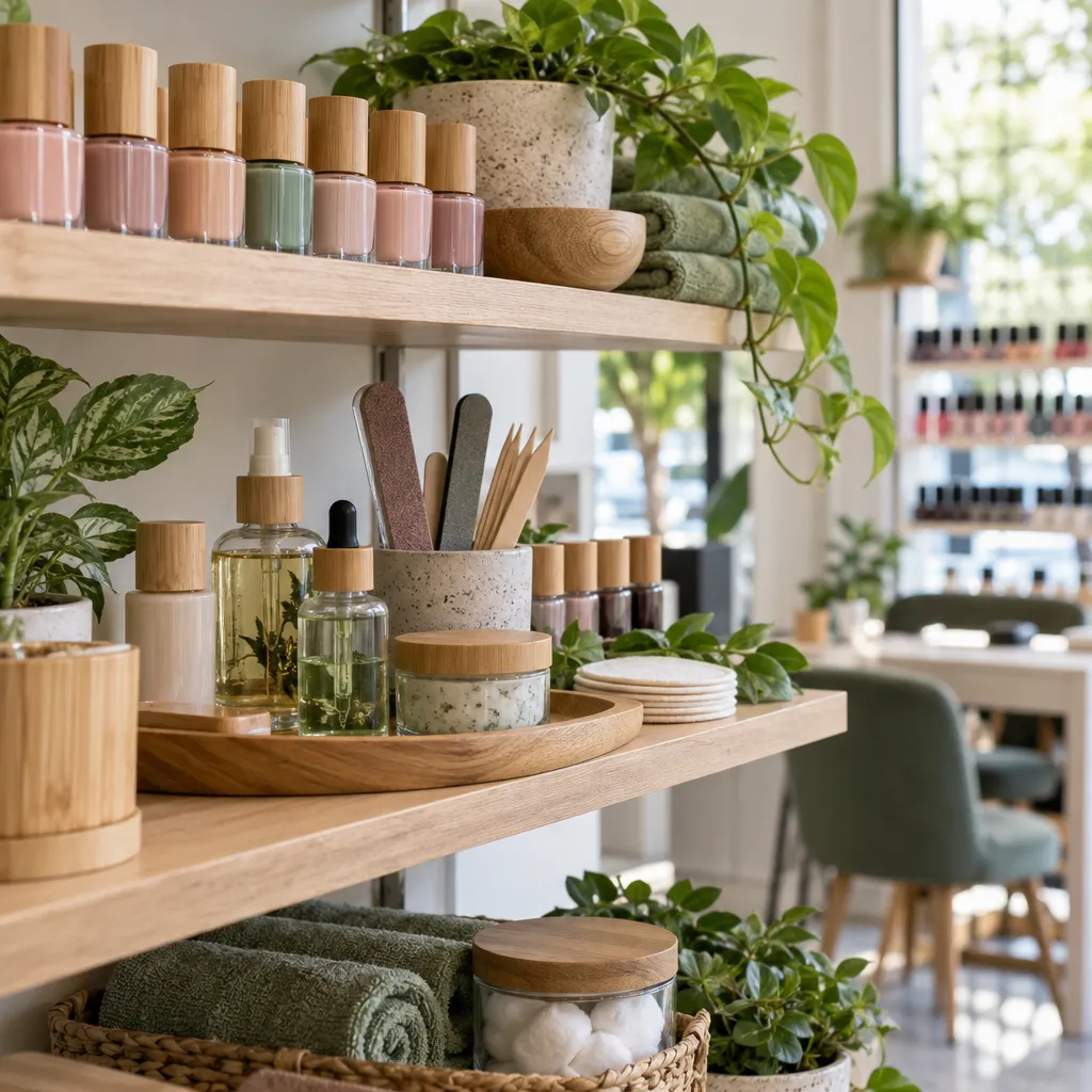 Eco-friendly nail care products displayed in a nail salon promoting sustainability.