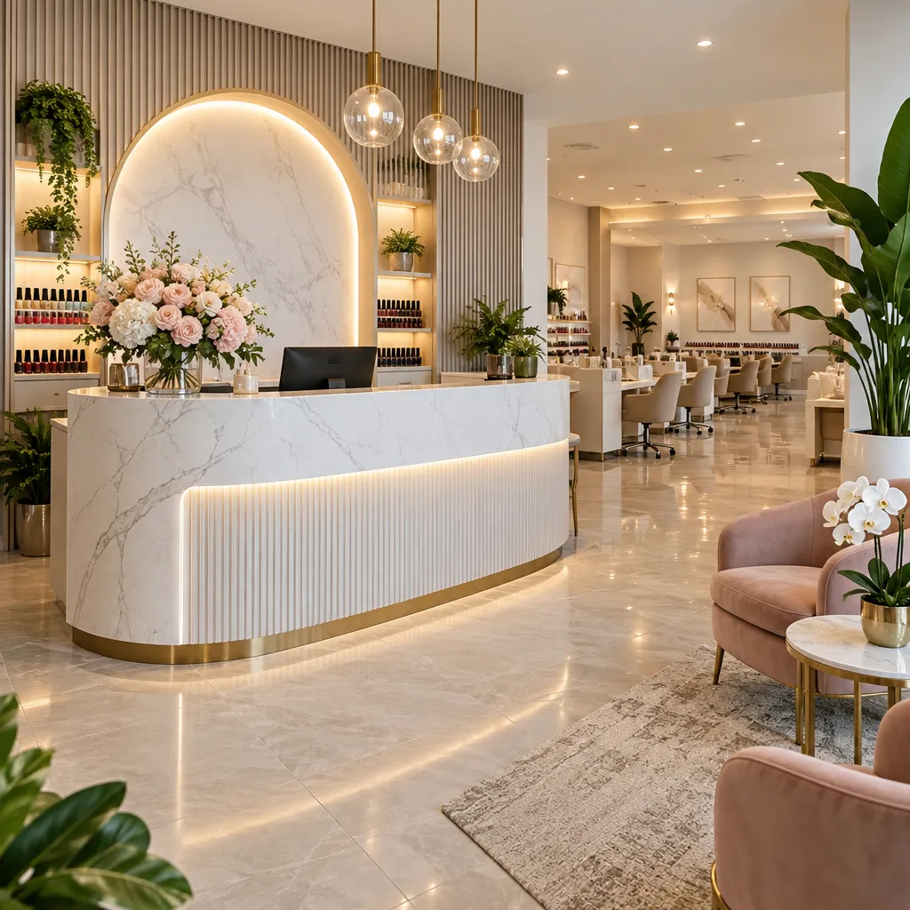 The reception area of Euphoria Nails Lounge, showcasing the stylish decor and friendly environment.
