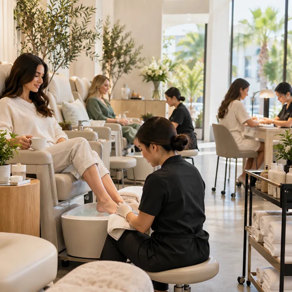 Inviting nail spa atmosphere with clients receiving pampering treatments