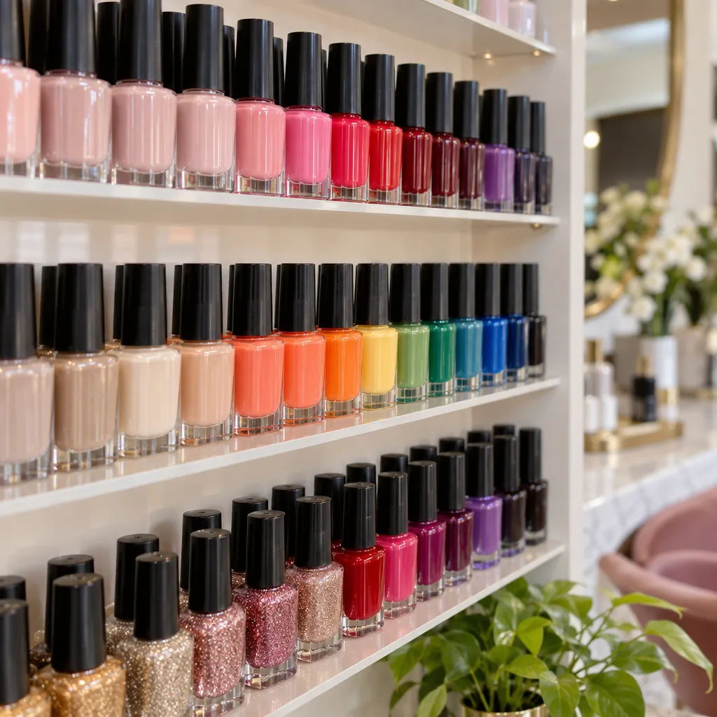 Variety of colorful nail polishes displayed in a nail salon
