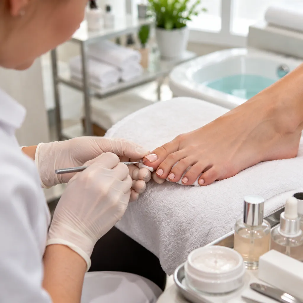 Nail technician providing a pedicure service with professional tools in a relaxing salon atmosphere.