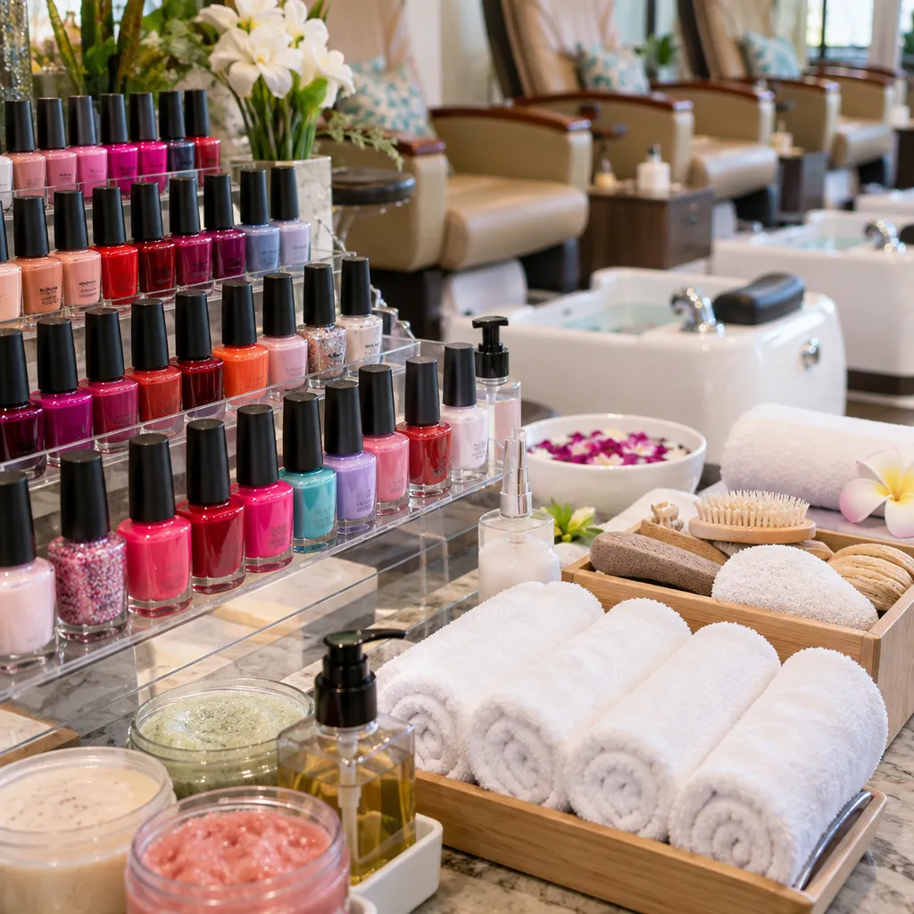 Colorful nail polish and pedicure products displayed at Nails by Helen, highlighting the variety of options.