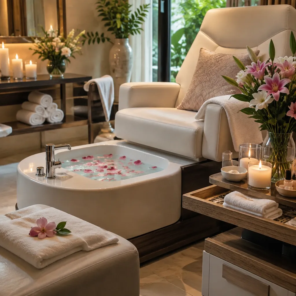 Luxurious pedicure environment with candles and flowers