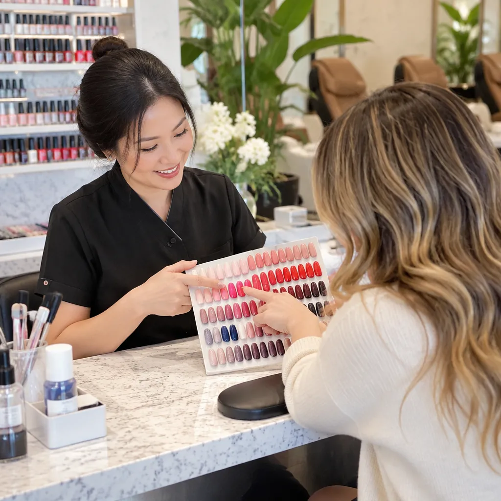 Staff assisting a client with nail color selection