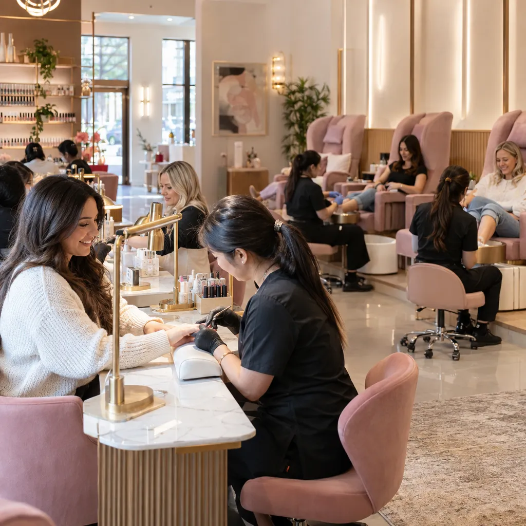 Interior view of Blush Nail Bar with clients receiving services