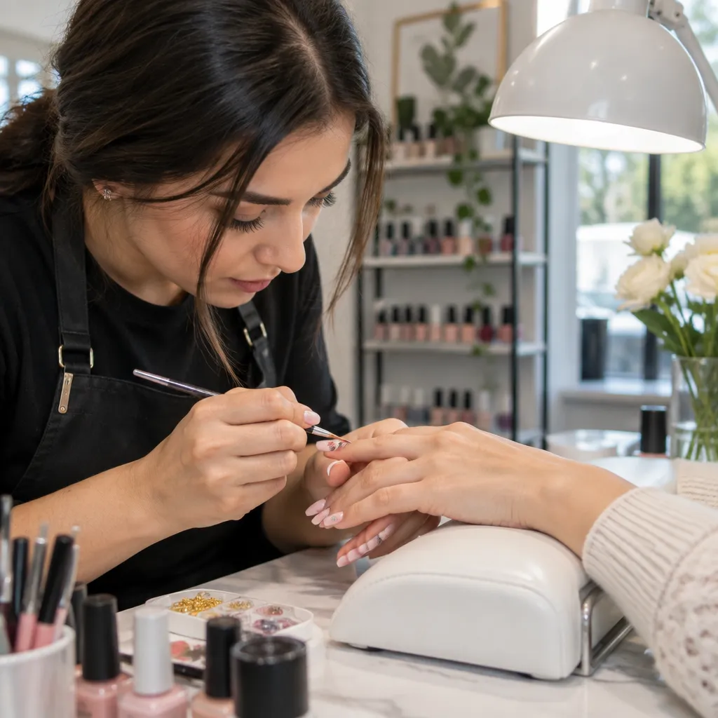 Nail artist creating custom nail art for a client