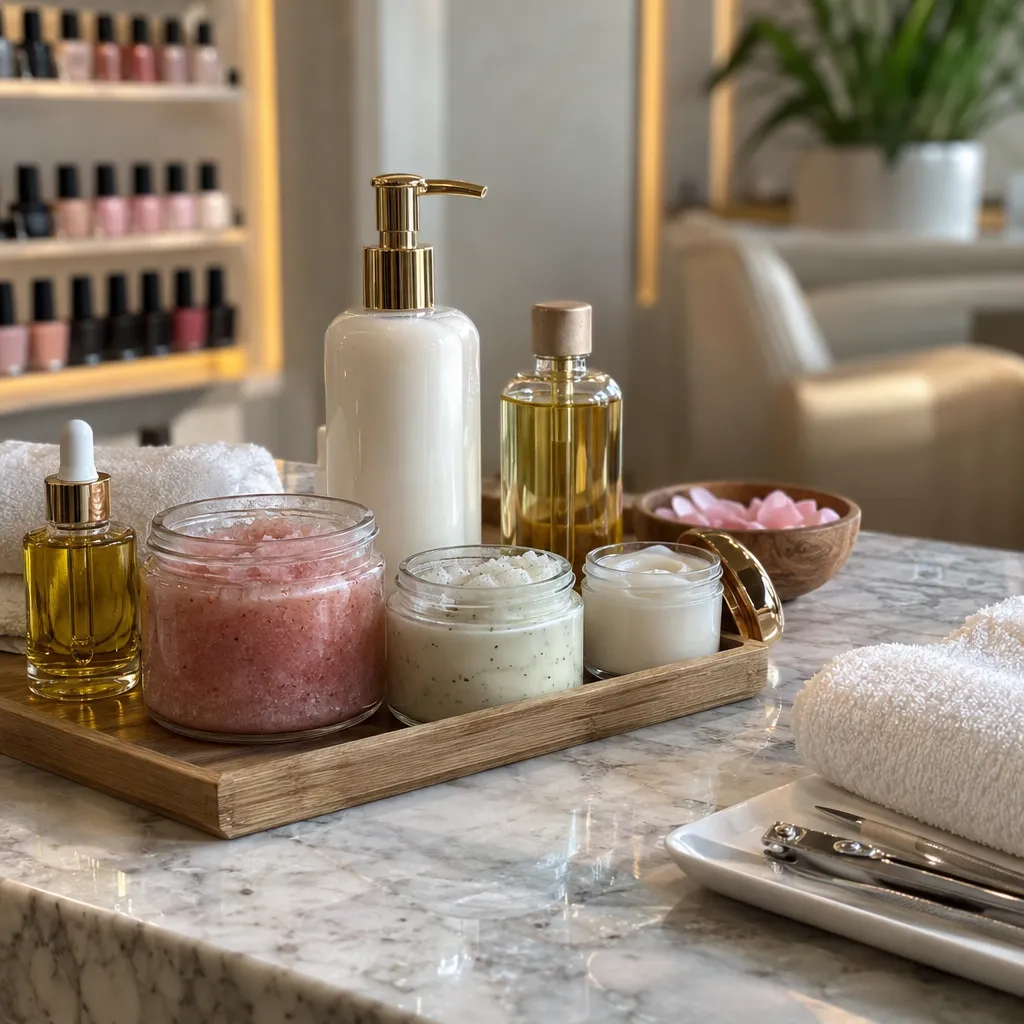 Assorted high-quality nail care products displayed for pedicure services.