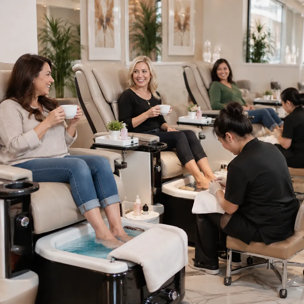 Happy clients receiving pedicure services in a relaxing salon setting.