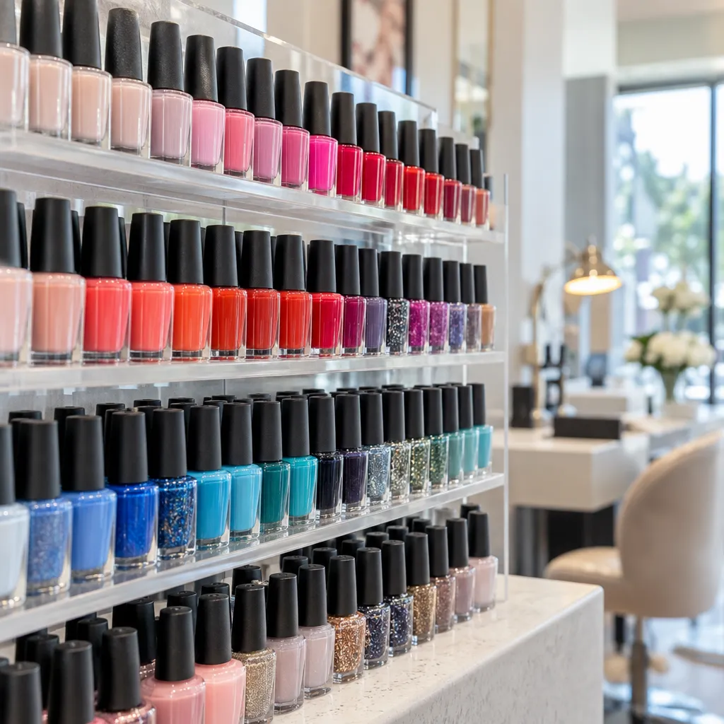Colorful selection of nail polishes in a salon