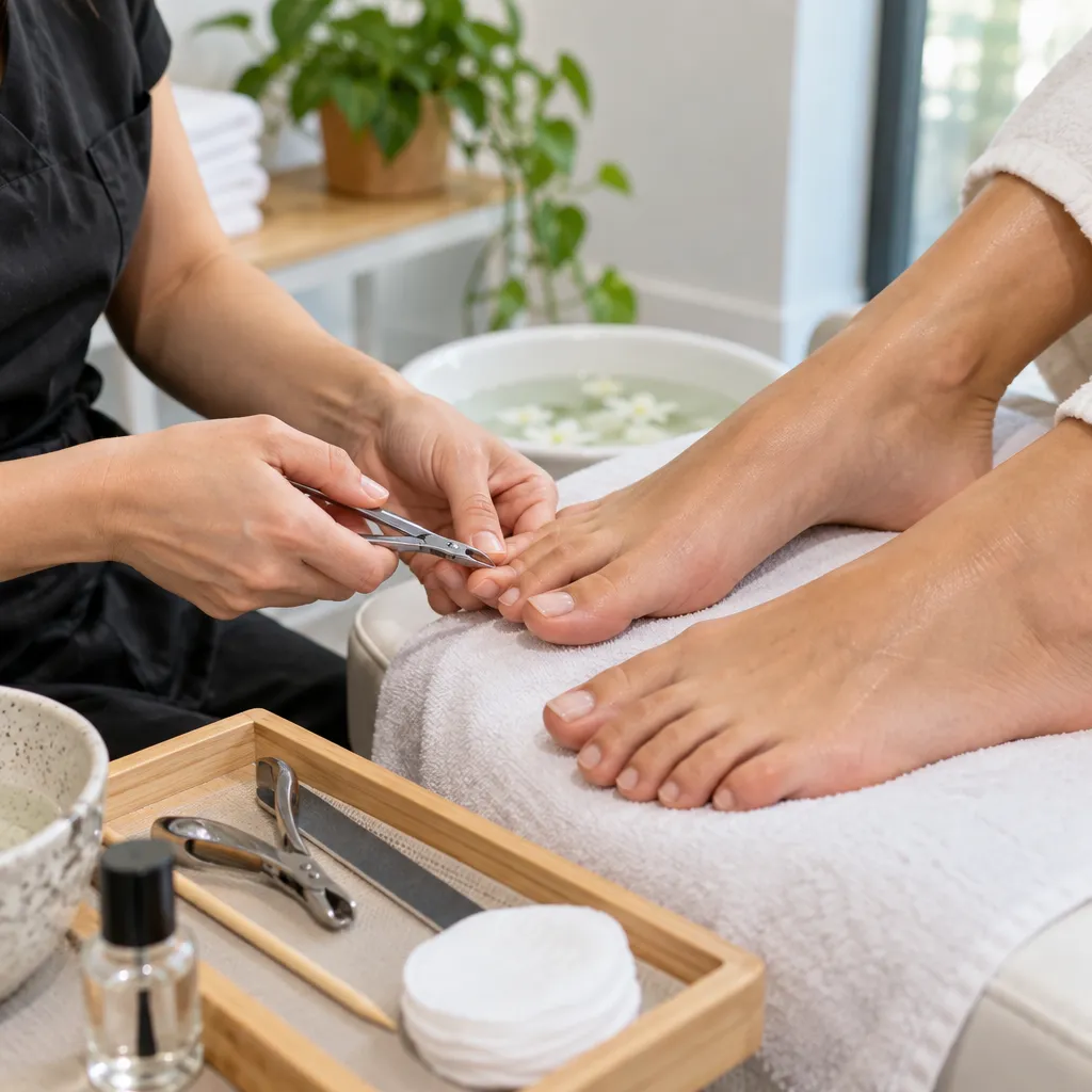 Technician performing a basic pedicure with nail care tools in a salon.