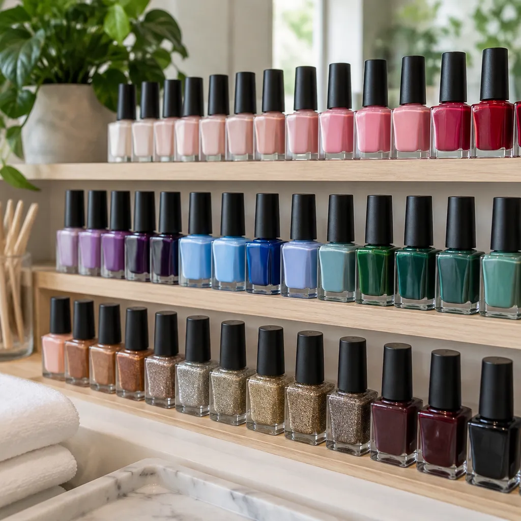 Variety of nail polish colors available for pedicure treatments in a salon.