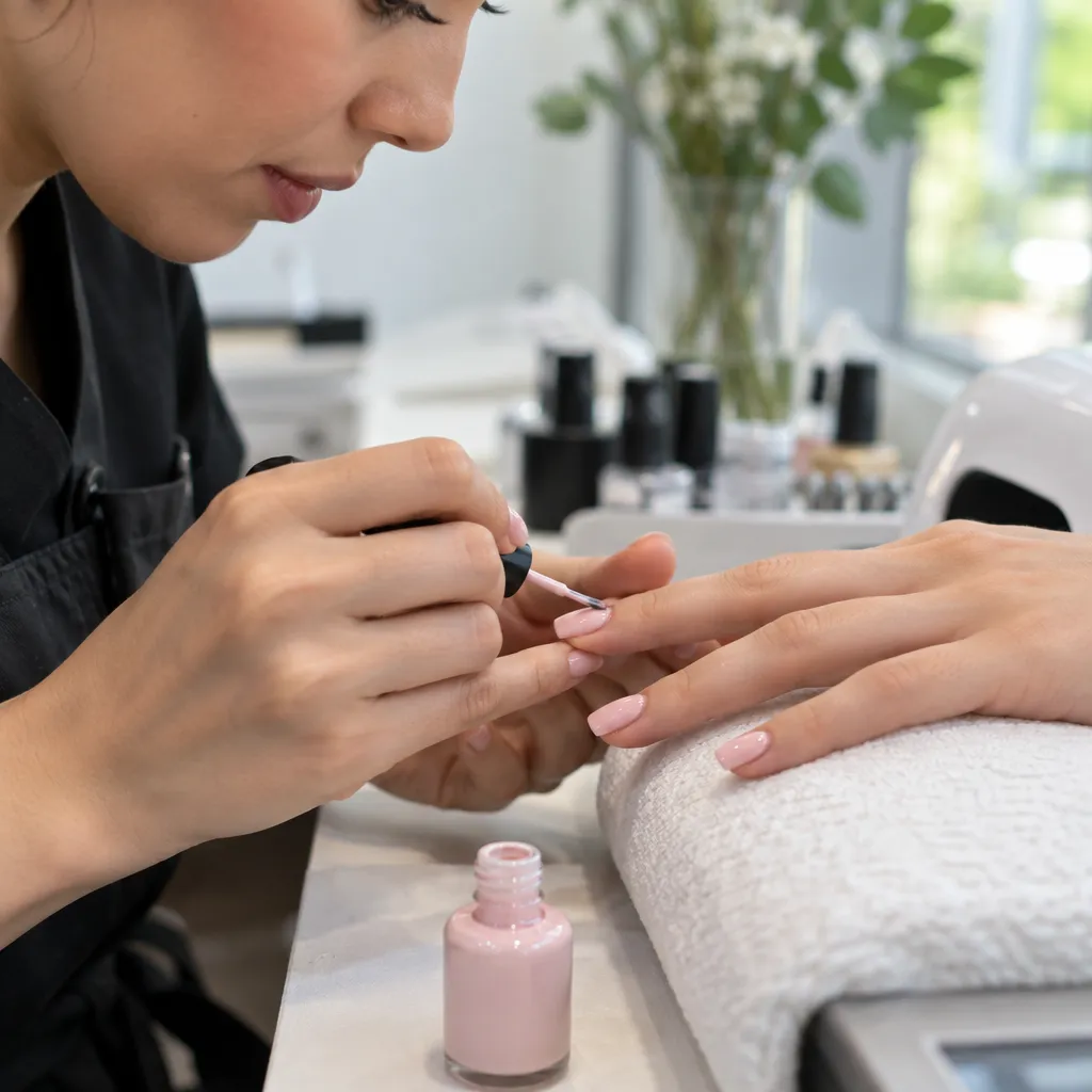 An array of colorful nail polishes and tools at a nail salon.