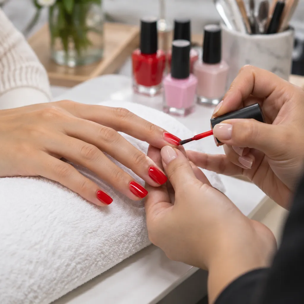 Client getting a manicure with bright nail polish