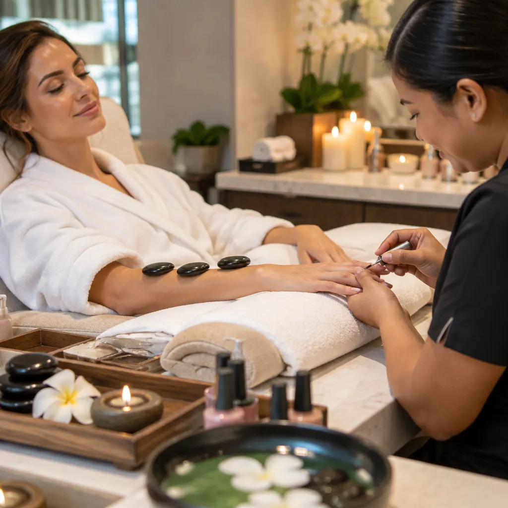 Classic manicure service in progress, showcasing nail trimming and polish application.
